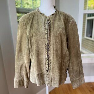 Chico’s Olive Green Genuine Suede Cropped Jacket with Ruffle Detail Large